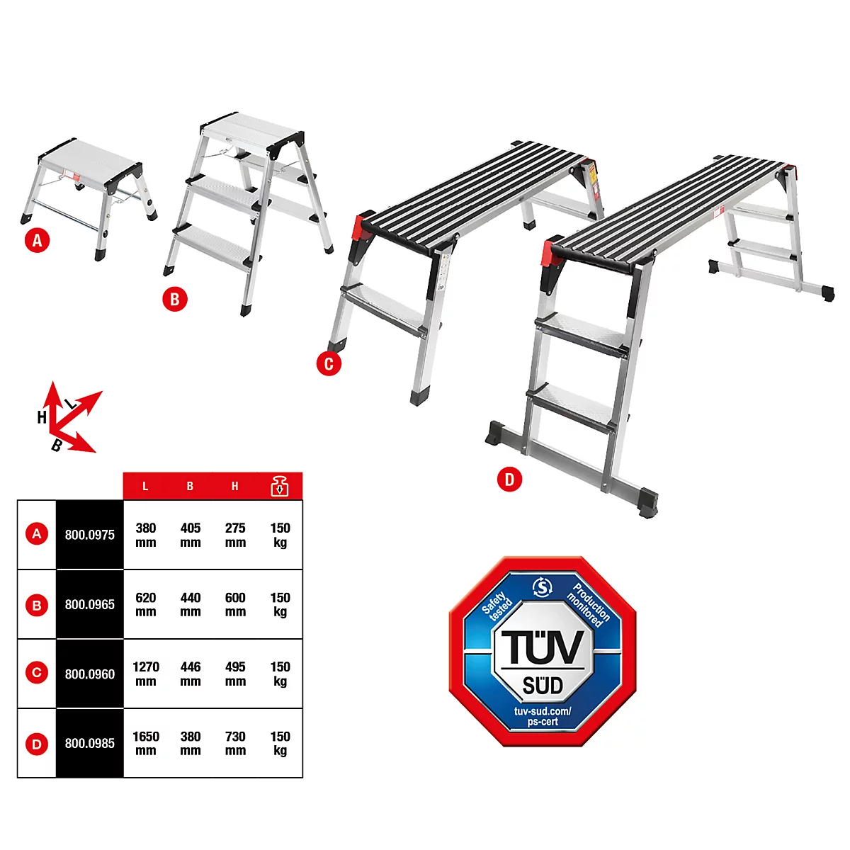 Mehrere Aluminium-Leitern und -Tritte mit technischen Daten, darunter das TÜV-Siegel. Auf weißem Hintergrund.