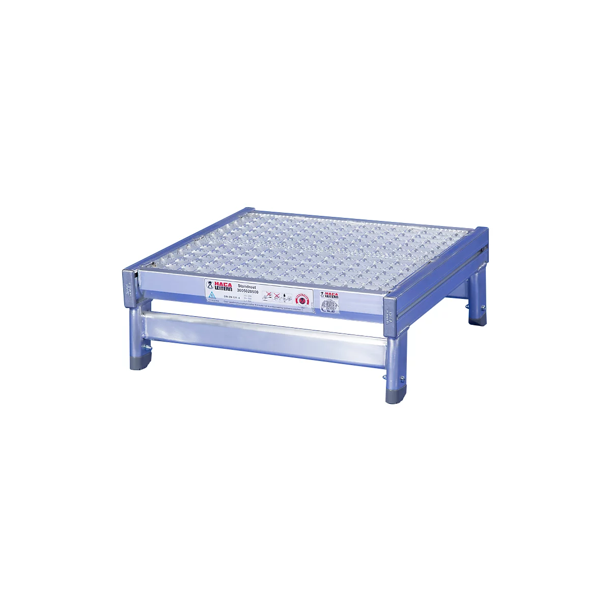 Aluminum platform with a corrugated surface and logo. Inscription: Haca-Interni.