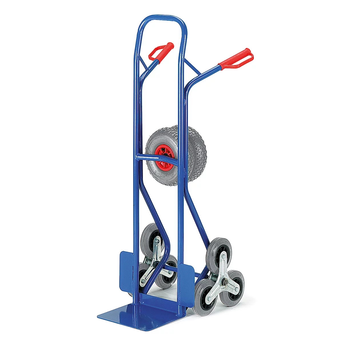 Blue stair climber with red handles and pneumatic tires.