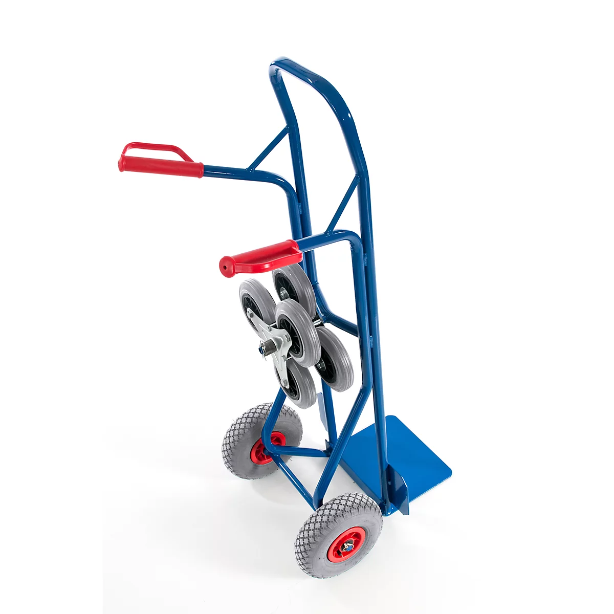 Blue stair climber with red handle and grey tires on a white background.