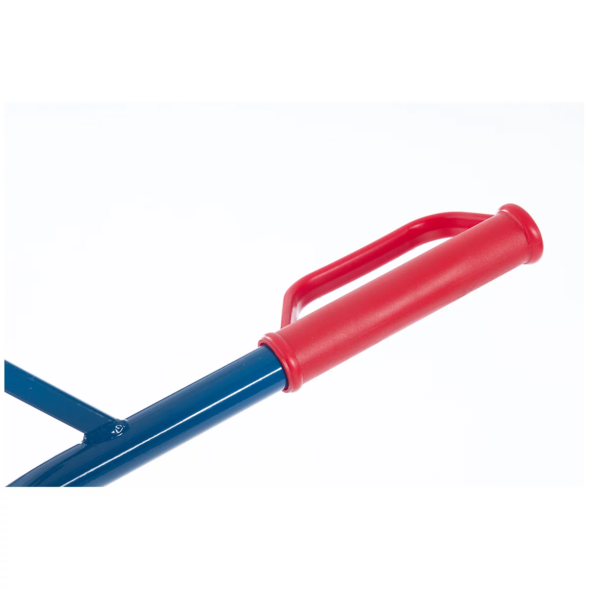Close-up of the red handle of a blue device, with a red handle bracket, on a white background.