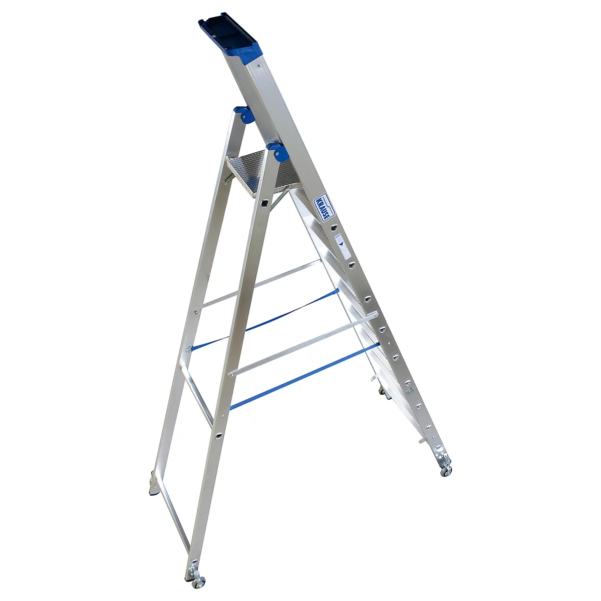 A silver stepladder with blue accents, on wheels. A black bracket at the top.
