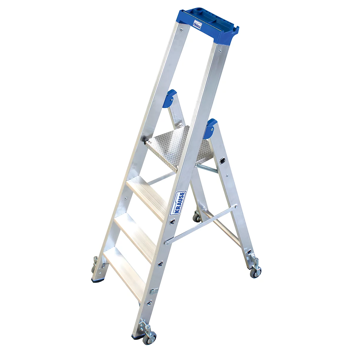 Aluminum step ladder with blue holder and wheels. The ladder has four steps and a tread.