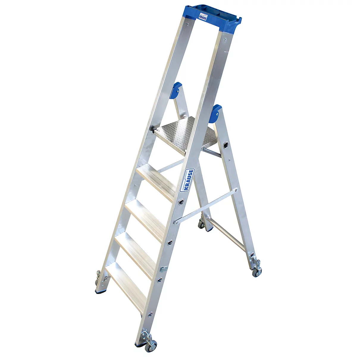 A silver aluminum ladder stands diagonally, accented with blue, with rollers. The inscription KRAUSE is on the top step.