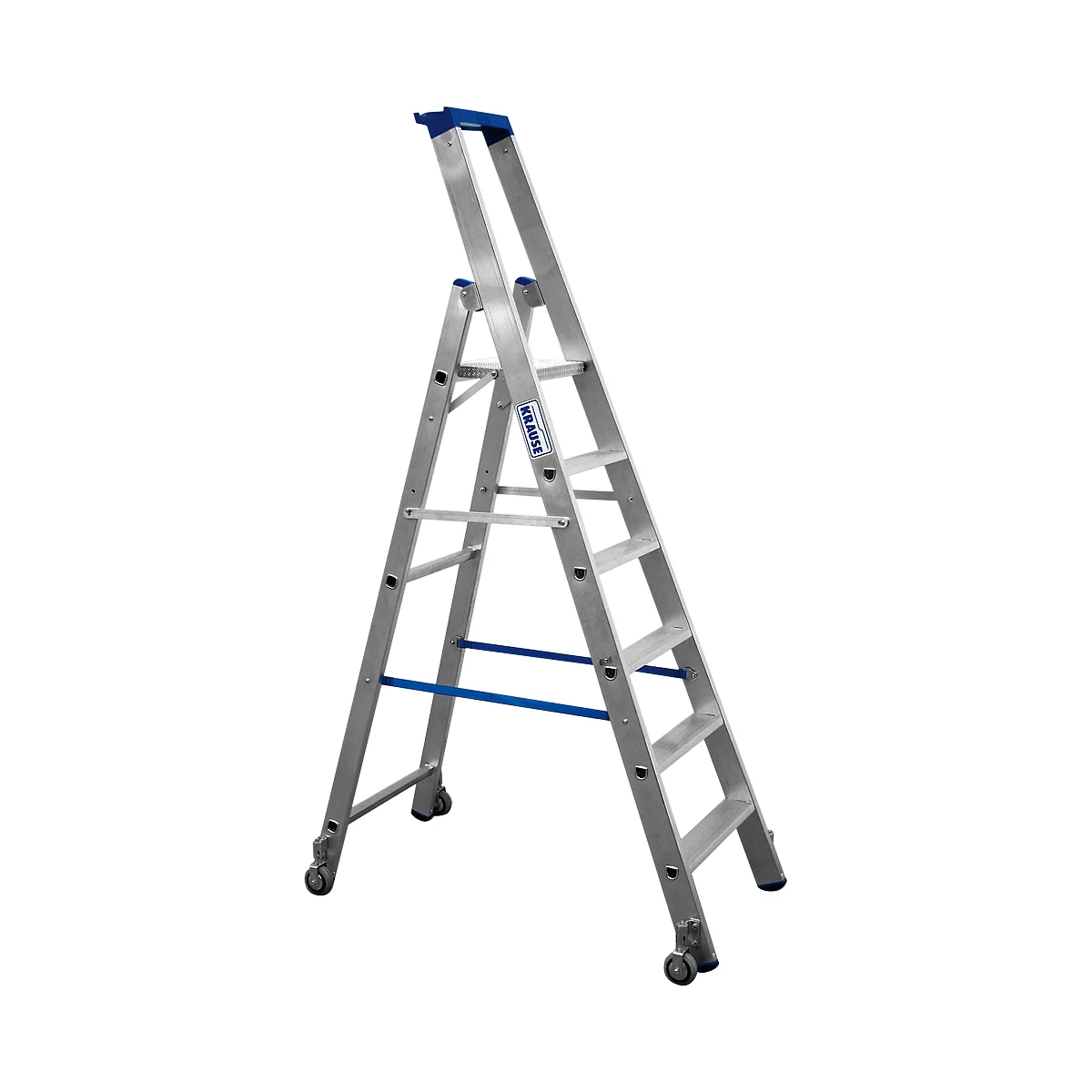 A silver stepladder with blue accents and rollers. Left: Krause logo.