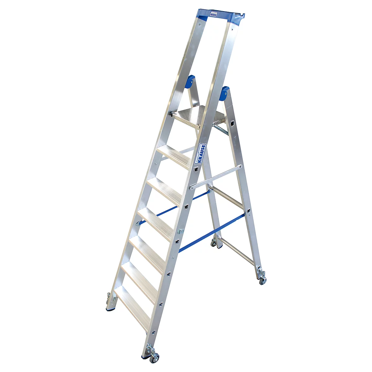 A silver stepladder stands against a white background. Blue elements accent details.