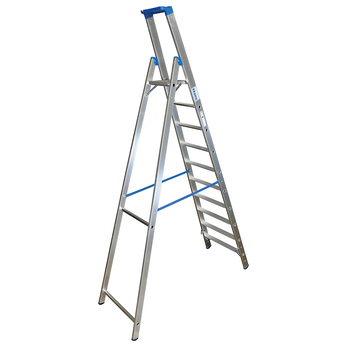A silver stepladder stands open, with blue struts and handles.