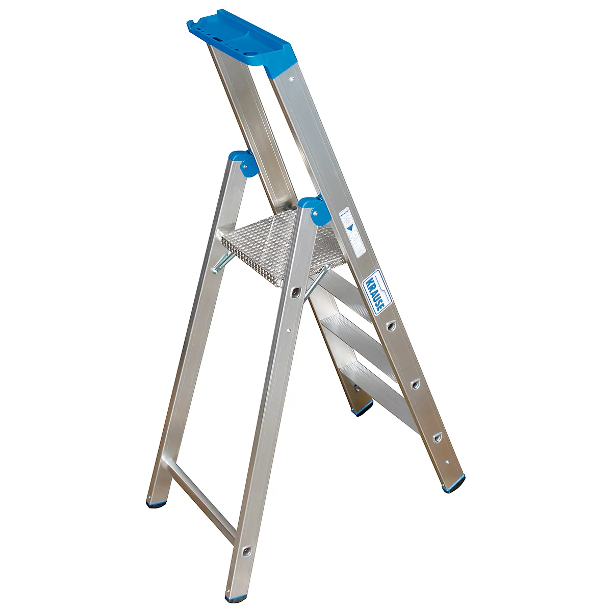 A silver folding ladder with blue elements, standing open.