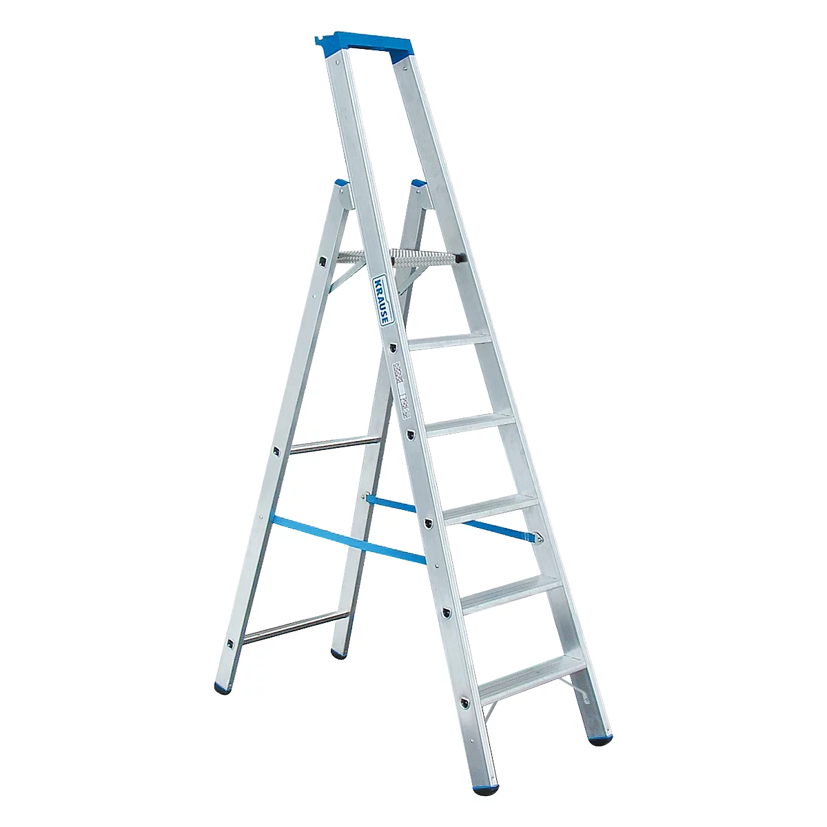 A silver aluminum stepladder with blue accents. The rungs are clearly visible, as is the blue footrest.