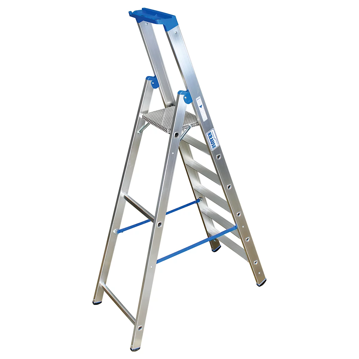 Aluminum step ladder. Blue accents on the joints and on the top step. Metal step board.