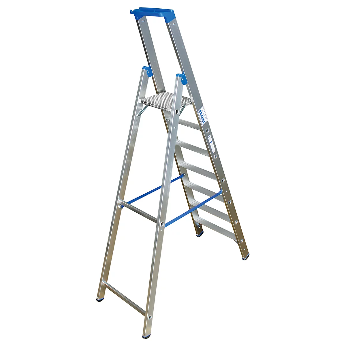A silver step ladder with blue accents, ready to be set up. The "KRAUSE" logo can be seen on the side.