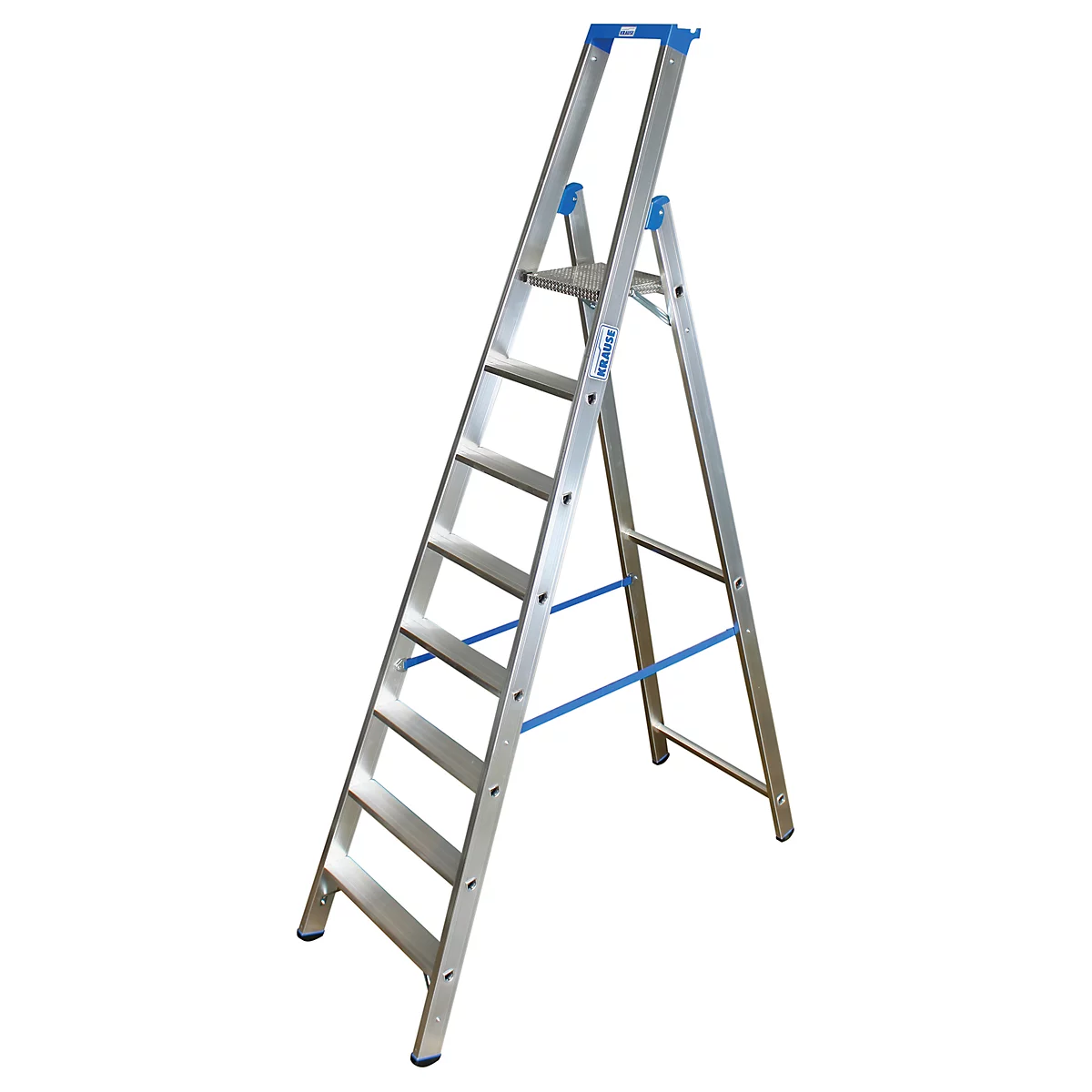 A silver, freestanding ladder with blue accents on the sides.