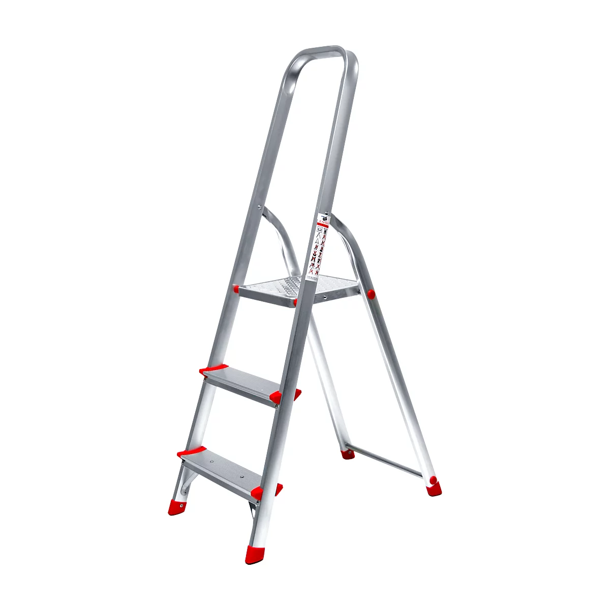 Gray three-step stepladder with red step edges against a white background.