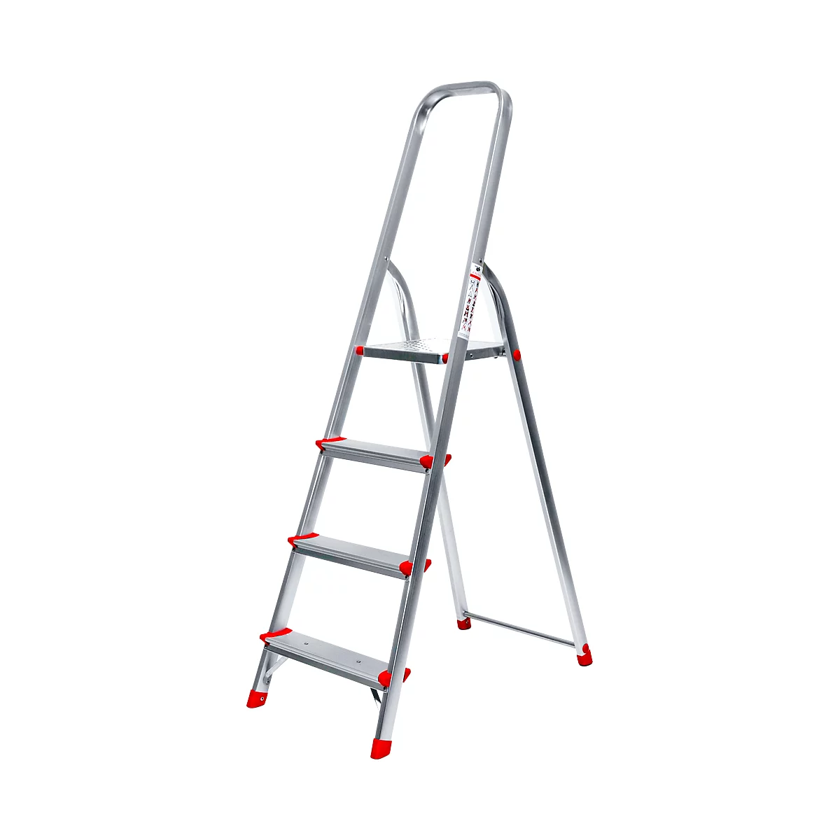 A silver stepladder with red accents and four steps. The ladder stands against a white background.
