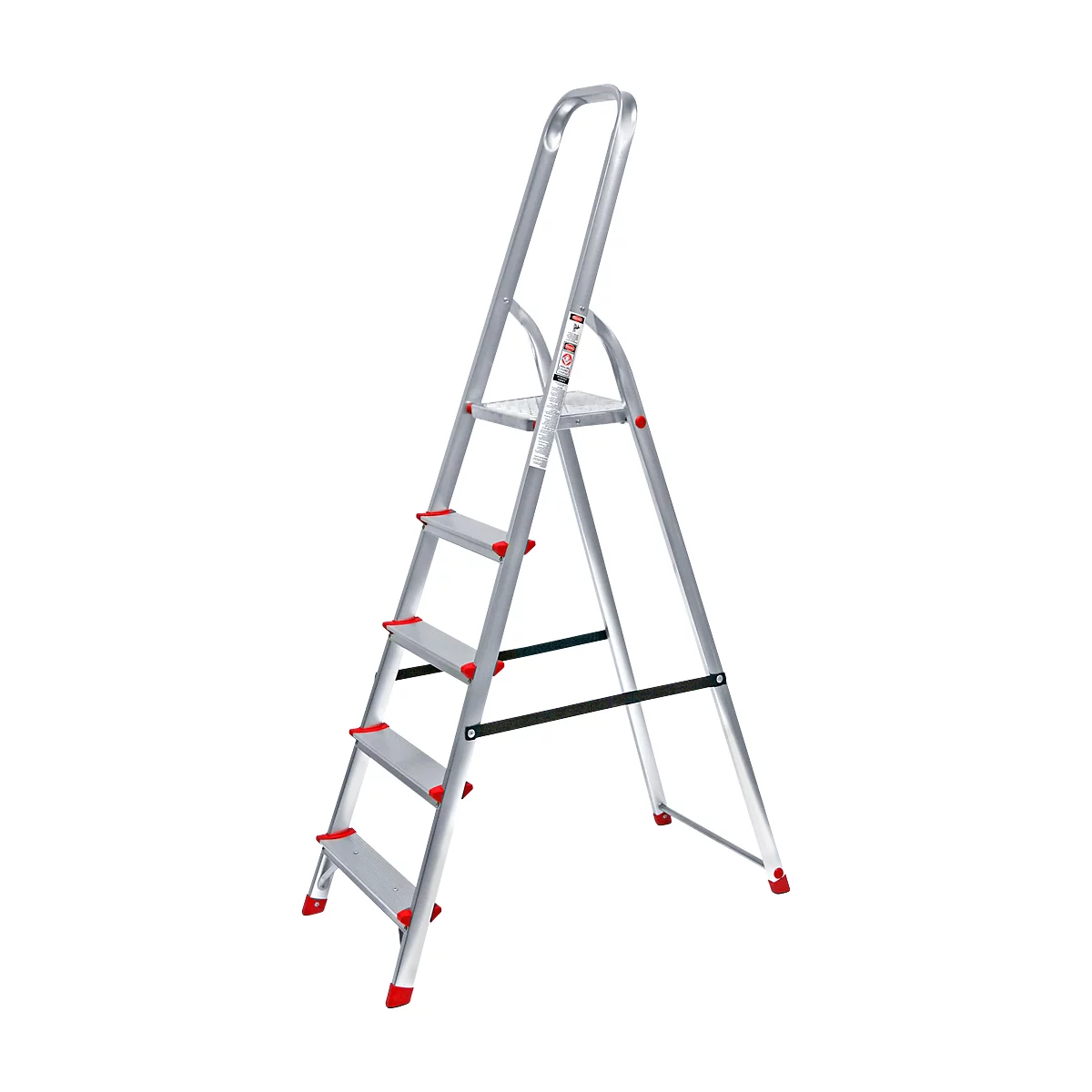 Aluminum step ladder with five steps, red rubber feet and handrail.