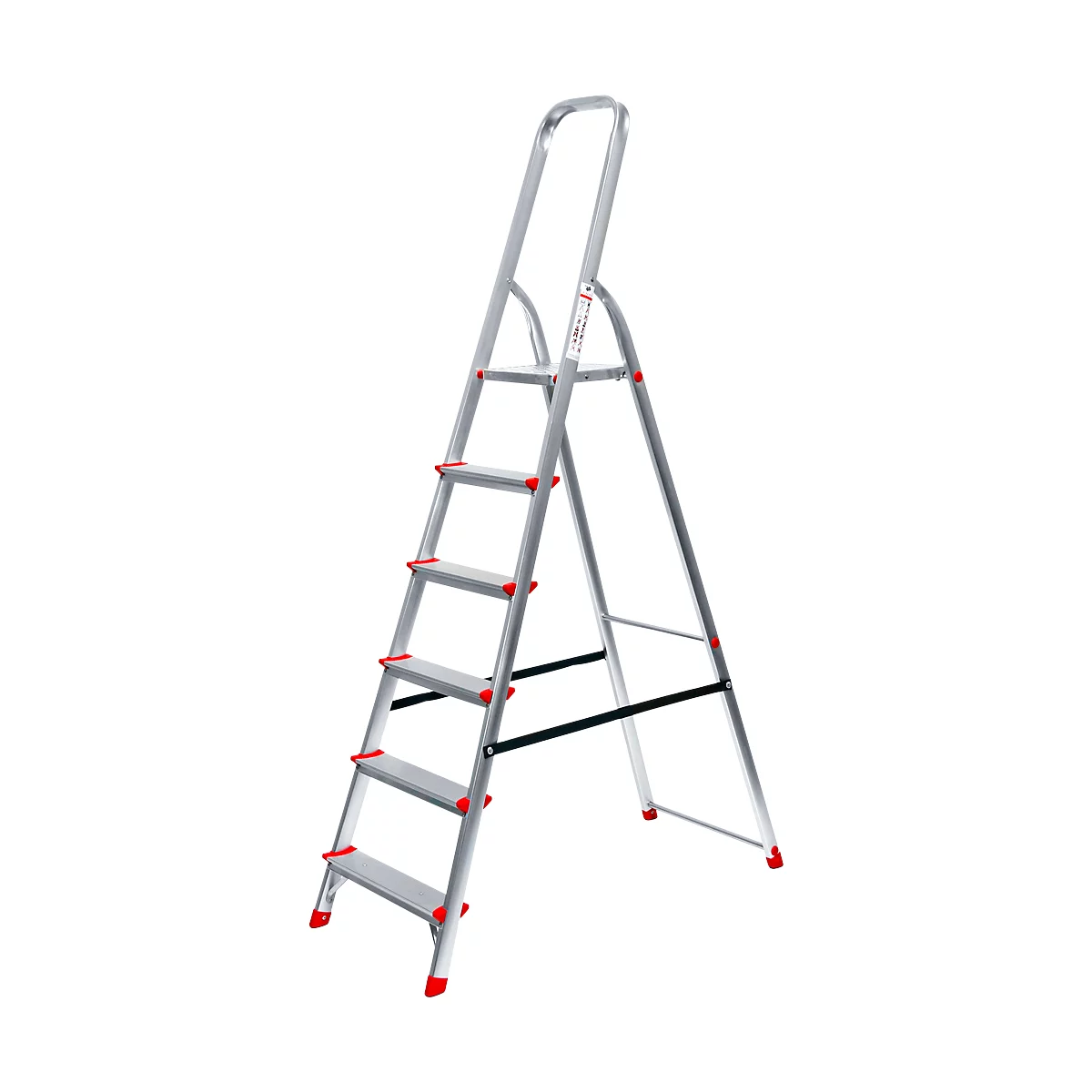 Silver step ladder with red accents against a neutral background. Five steps, safety bar.