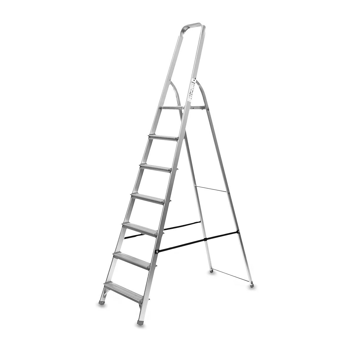 Gray aluminum stepladder with seven steps, standing on a white background.