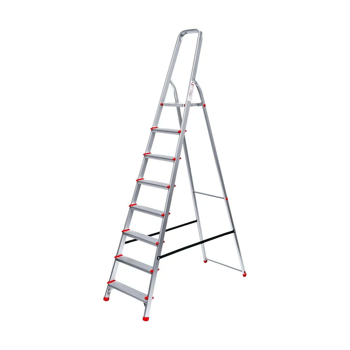 Silver stepladder, seven steps, red details.