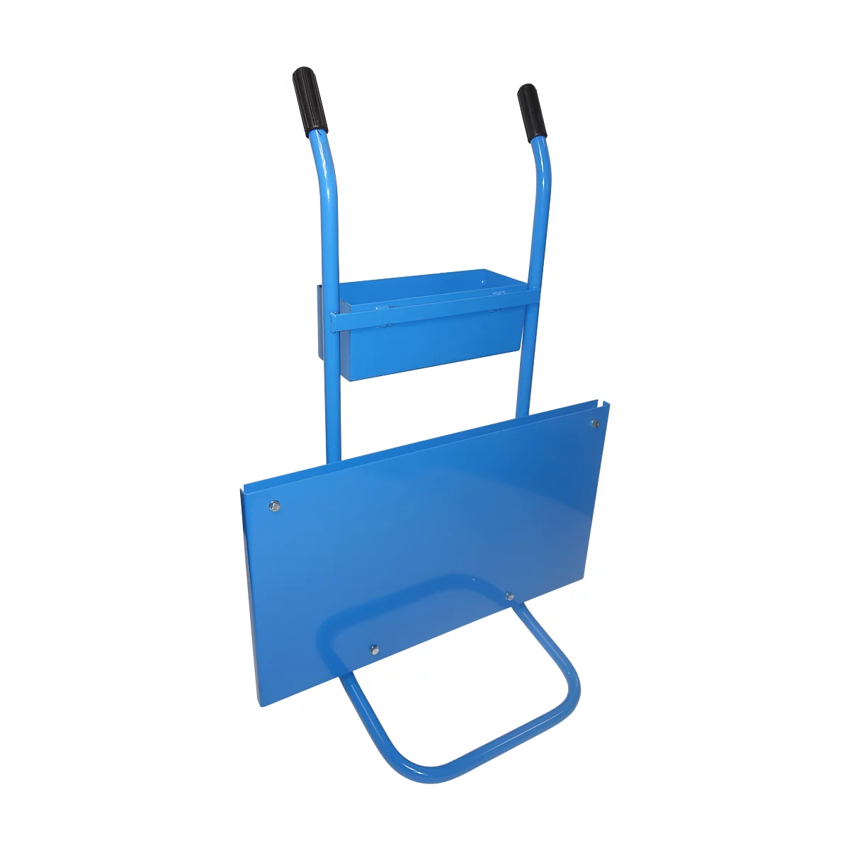 Blue hand truck with handles and a storage surface.