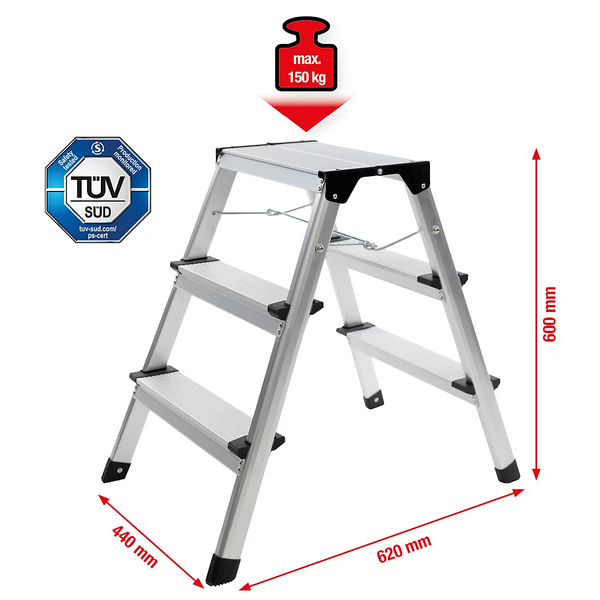 Klappbare Aluminium-Trittleiter. Maximalbelastung 150 kg, TÜV-Zertifizierung. Maße: 440 mm x 620 mm x 600 mm.