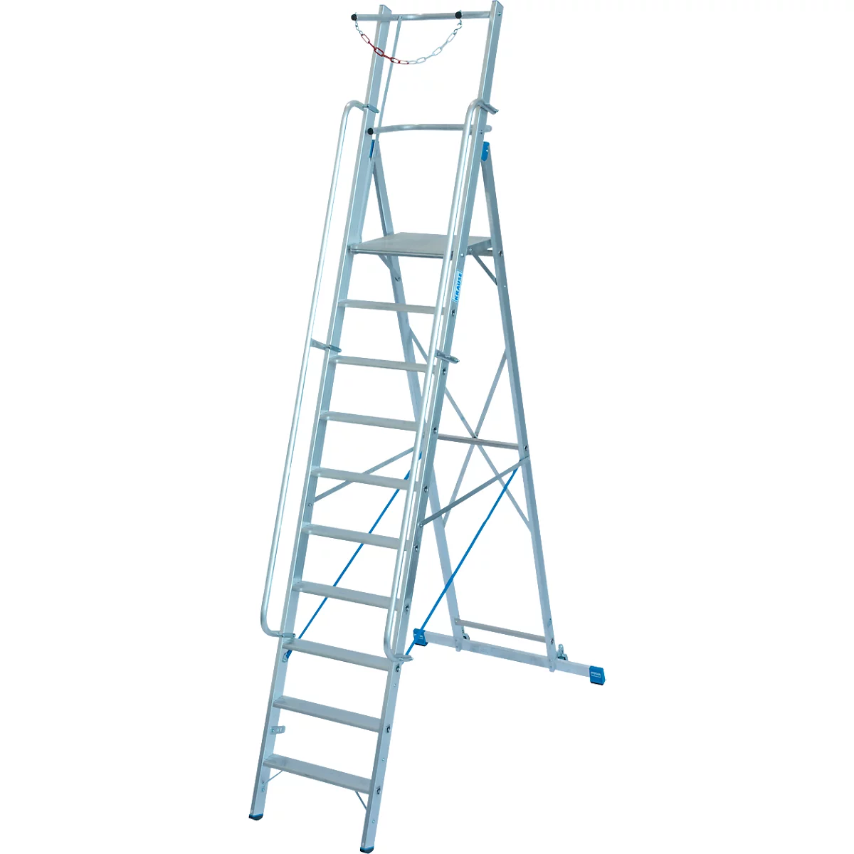 Aluminium trapladder, met groot platform, met veiligheidsbeugel en ketting, 10 treden