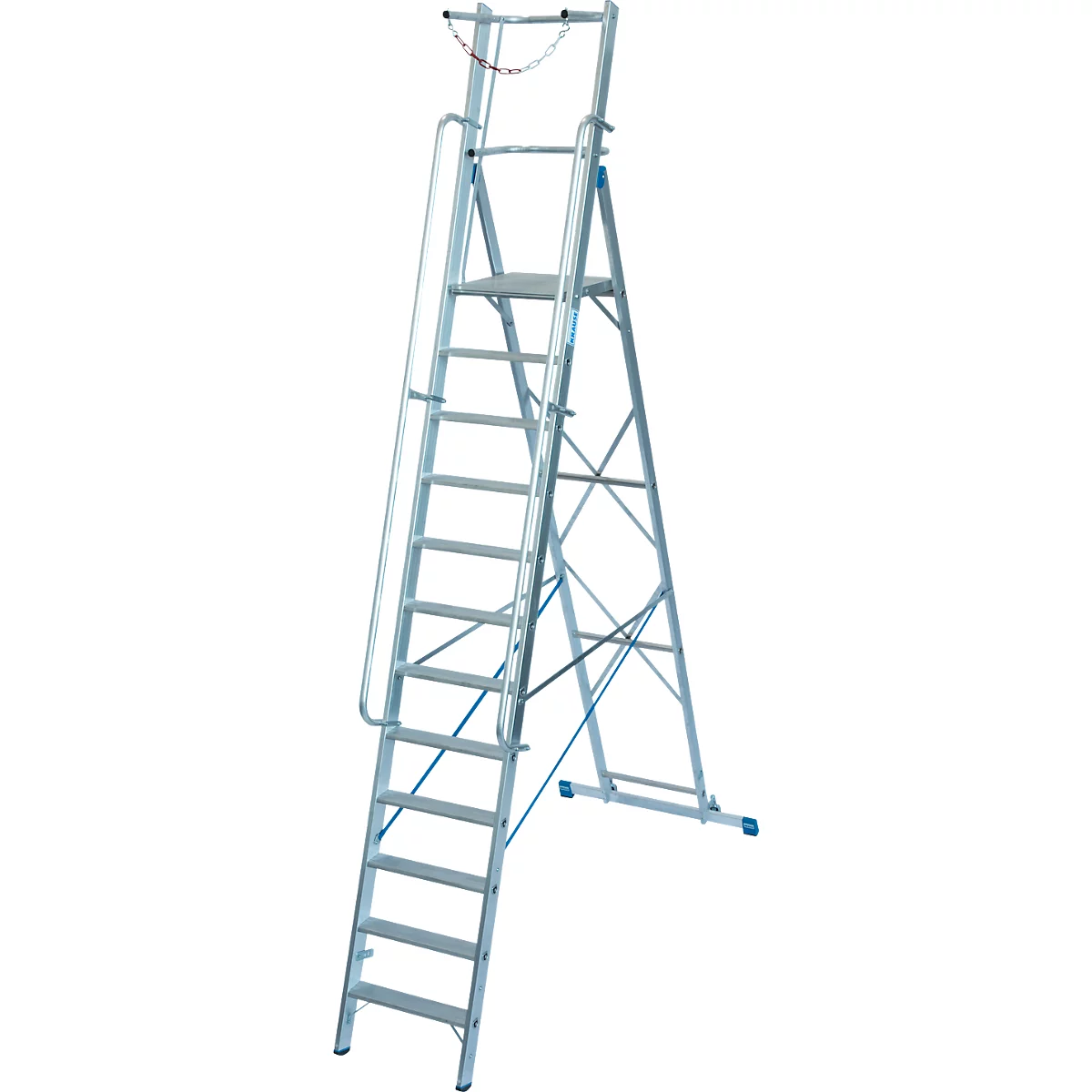 Aluminium trapladder, met groot platform, met veiligheidsbeugel en ketting, 12 treden