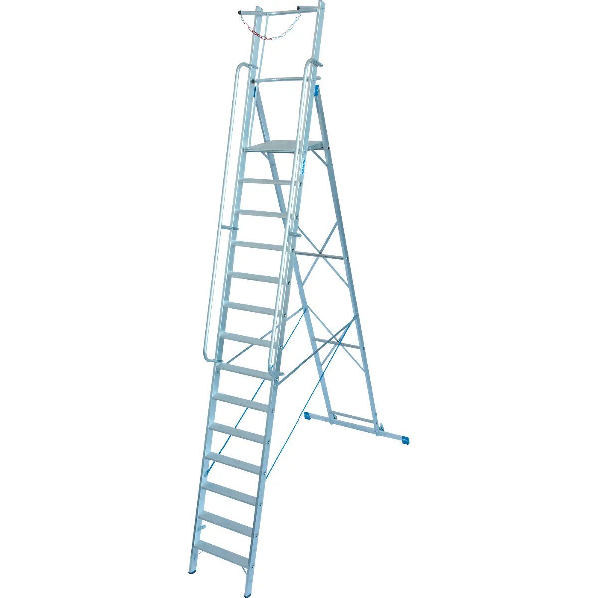 Aluminium trapladder, met groot platform, met veiligheidsbeugel en ketting, 14 treden