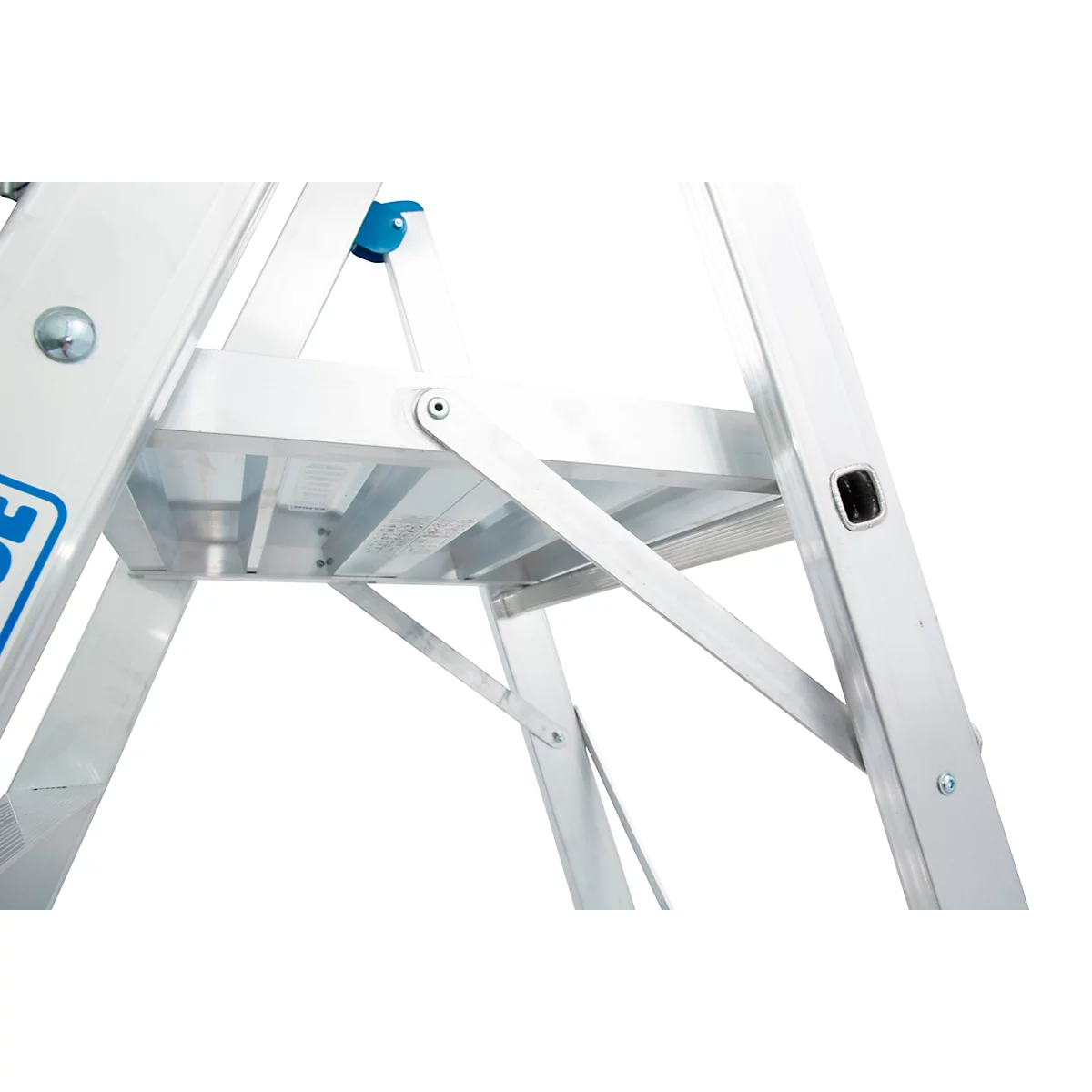 Aluminium trapladder, met groot platform, met veiligheidsbeugel en ketting, 14 treden