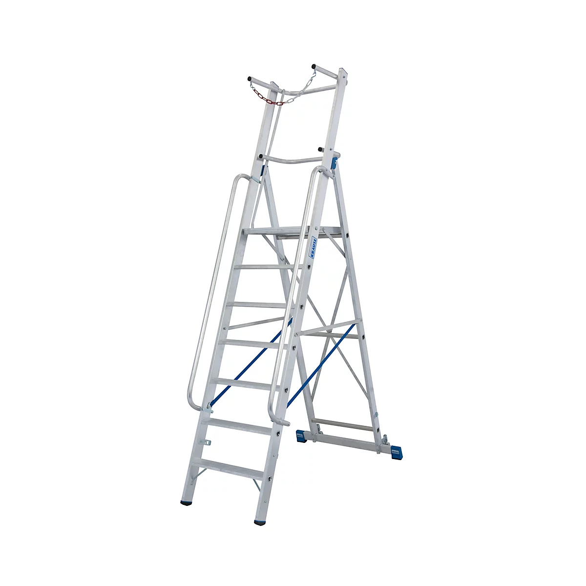 Aluminium trapladder, met groot platform, met veiligheidsbeugel en ketting, 4 treden