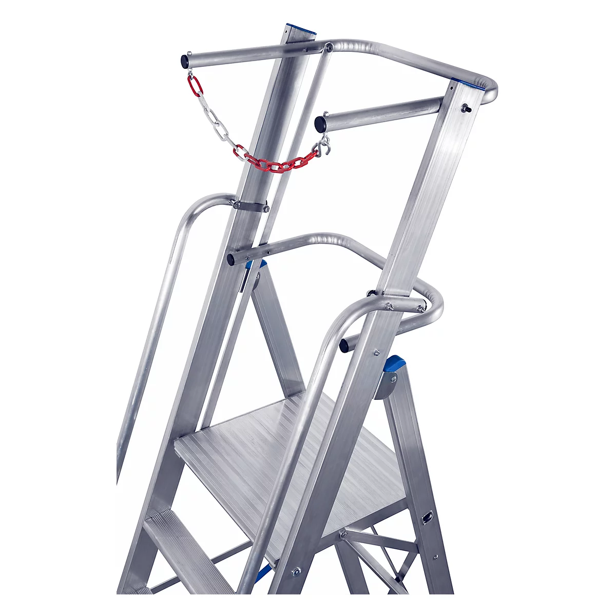 Aluminium trapladder, met groot platform, met veiligheidsbeugel en ketting, 6 treden