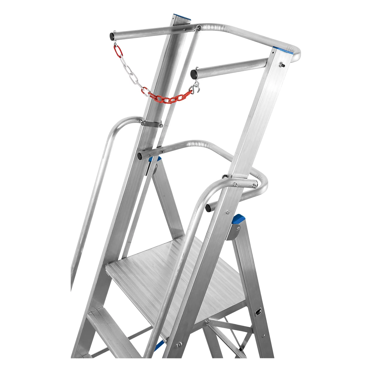 Aluminium trapladder, met groot platform, met veiligheidsbeugel en ketting, 7 treden