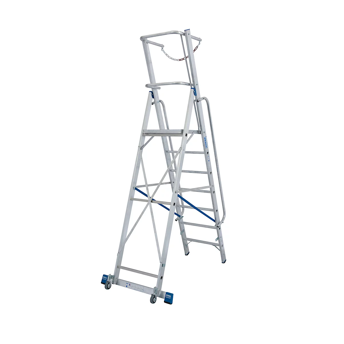 Aluminium trapladder, met groot platform, met veiligheidsbeugel en ketting, 7 treden