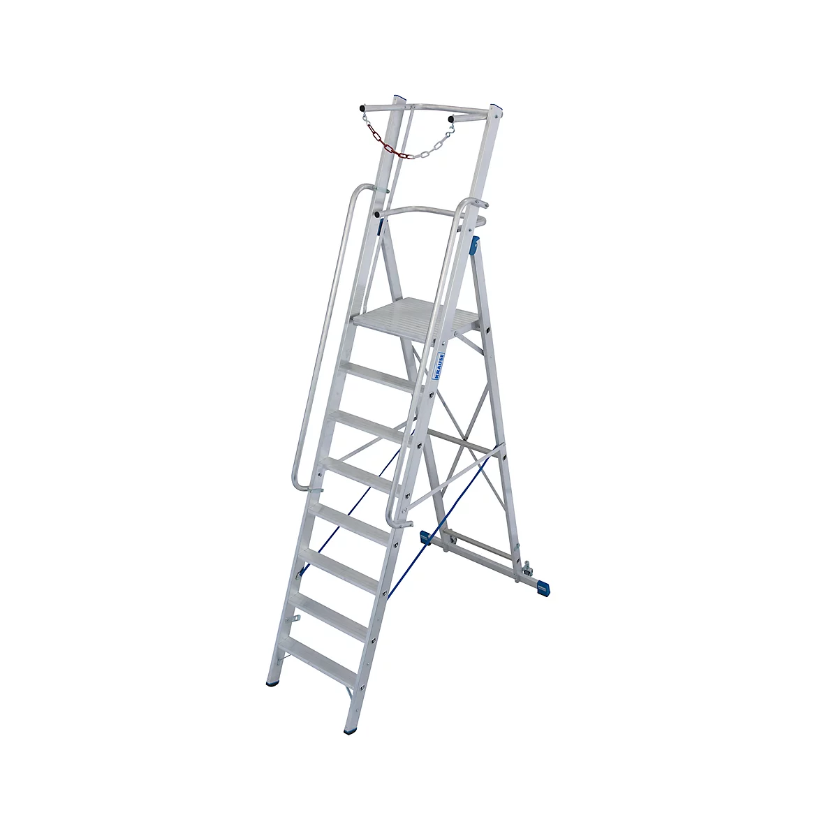 Aluminium trapladder, met groot platform, met veiligheidsbeugel en ketting, 8 treden