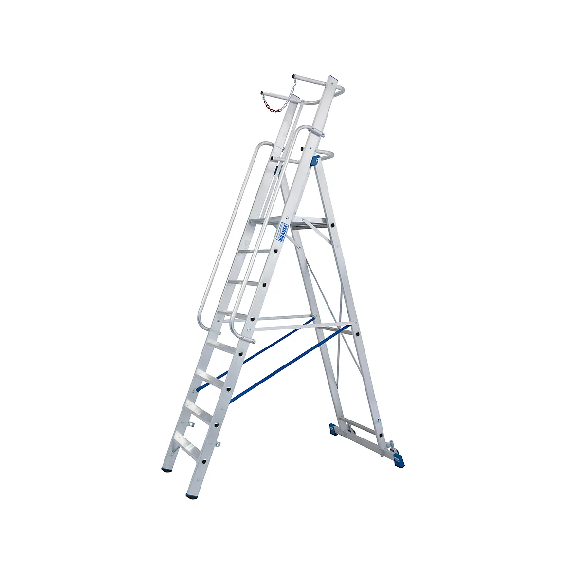 Aluminium trapladder, met groot platform, met veiligheidsbeugel en ketting, 8 treden