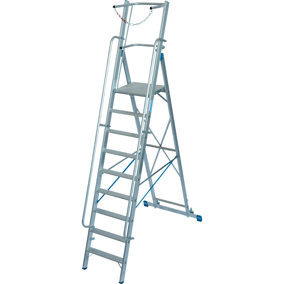 Aluminium trapladder, met groot platform, met veiligheidsbeugel en ketting, 9 treden