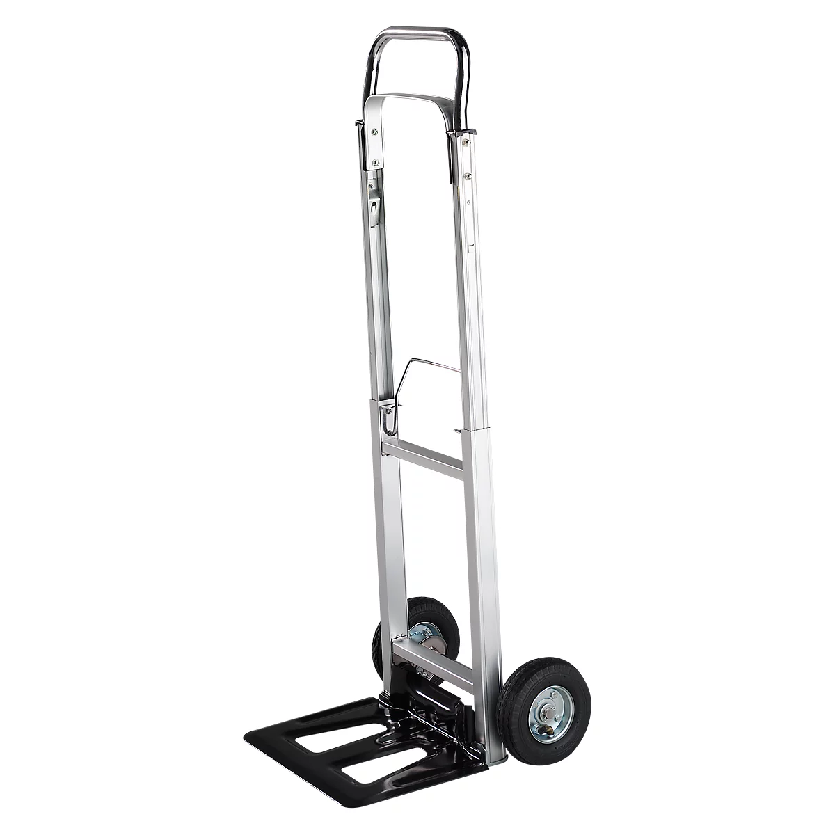 A silver, foldable hand truck with two black wheels and a black loading plate. The handle is also silver.