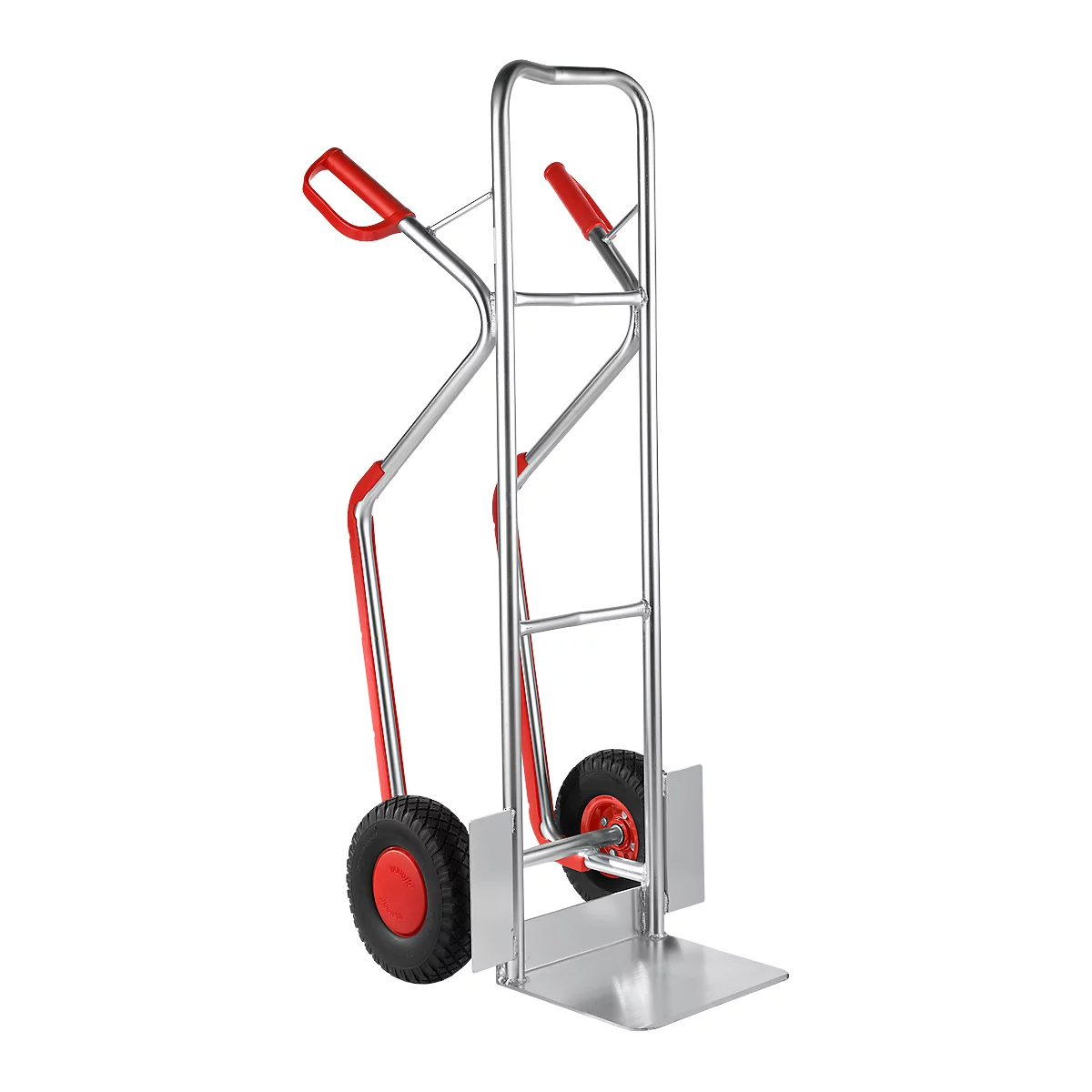 Hand truck with silver frame, red handles and wheels. An aid for transporting goods.