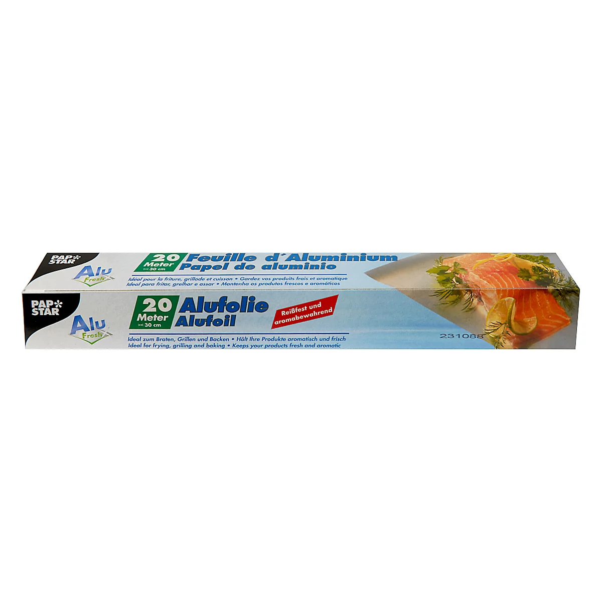 Aluminiumfolie rol met tekst die verschillende talen en toepassing beschrijft.