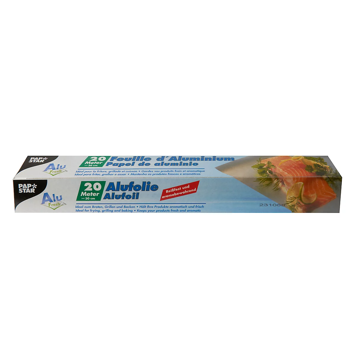 Aluminiumfolie Papstar, L 20 m x B 300 mm, dikte 11 μ, aluminium, zilver, 1 rol in vouwdoos met dispenseropening