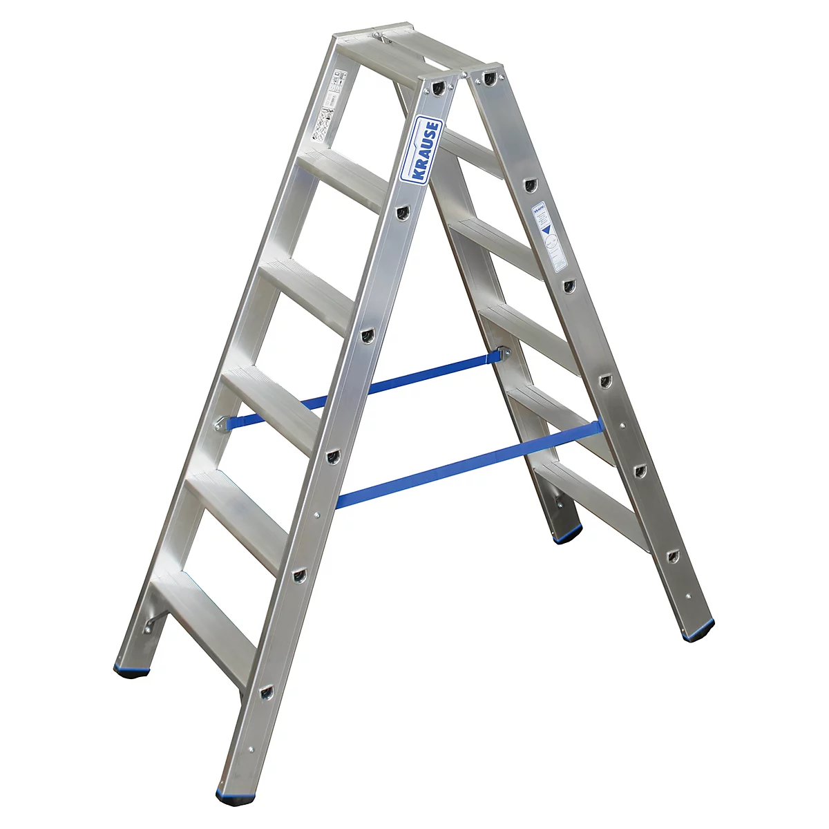 Silver ladder, stands stable on four feet. Blue stabilizing bars, manufacturer logo.