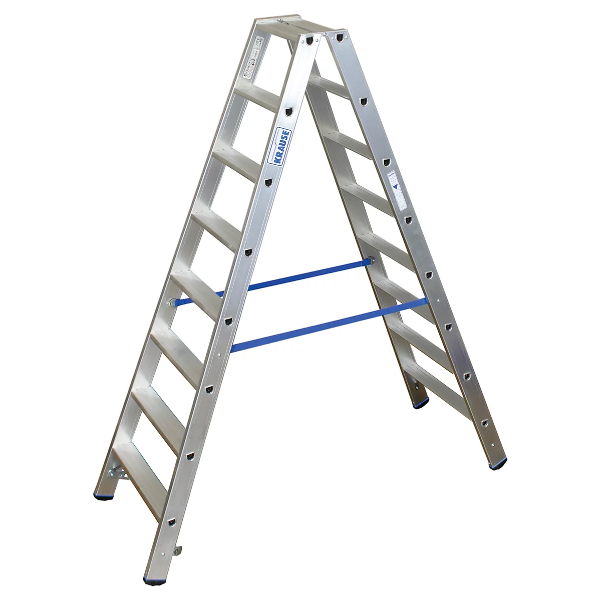 Aluminum A-frame ladder, blue-gray. The ladder is spread apart, with struts. 'KRAUSE' lettering on the spar.