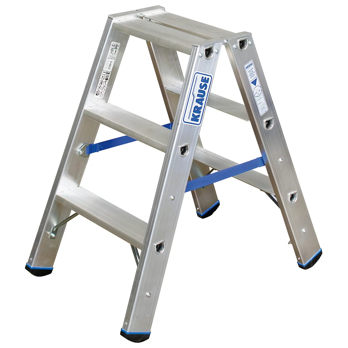 A three-step aluminum step ladder of the brand Krause, on a white background.