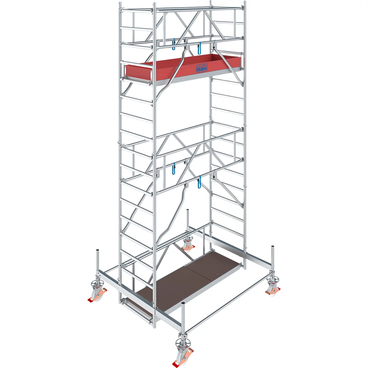 A scaffold with red tray, platform, and wheels. The scaffolding stands on wheels and has several levels.