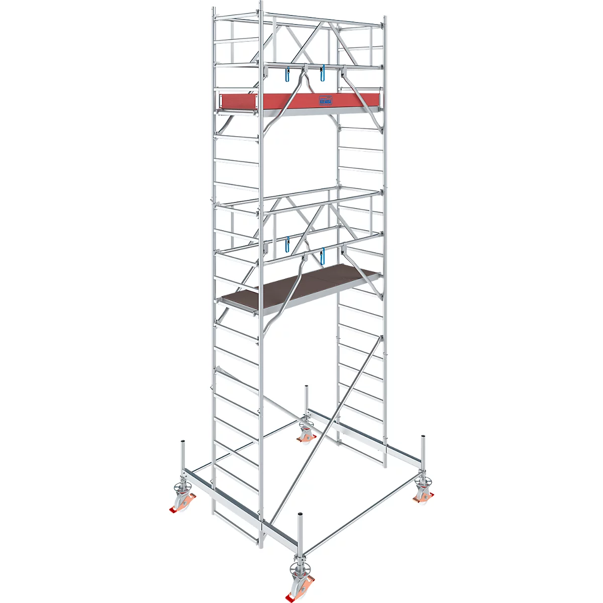 Metal scaffolding, with platform, wheels and red marking.