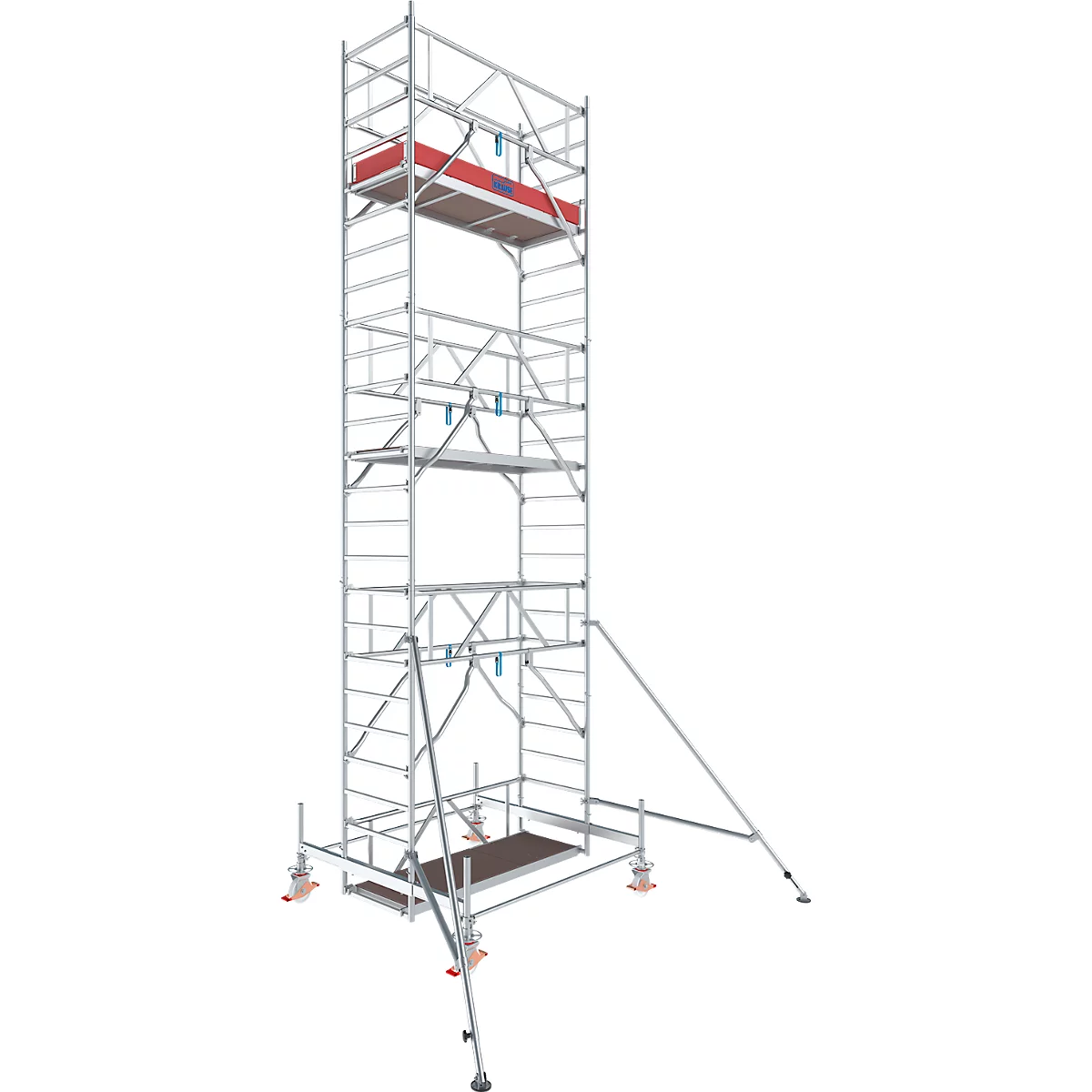 Tall scaffolding with red work platform and outriggers for stabilization. The construction stands on wheels.