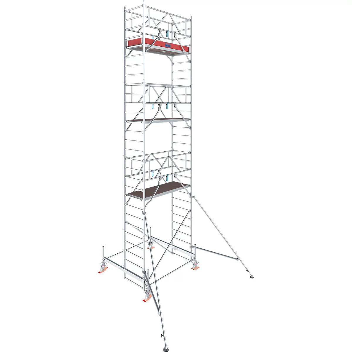 A tall, silver scaffold standing on red-orange feet. It has several platforms and is reinforced by struts.