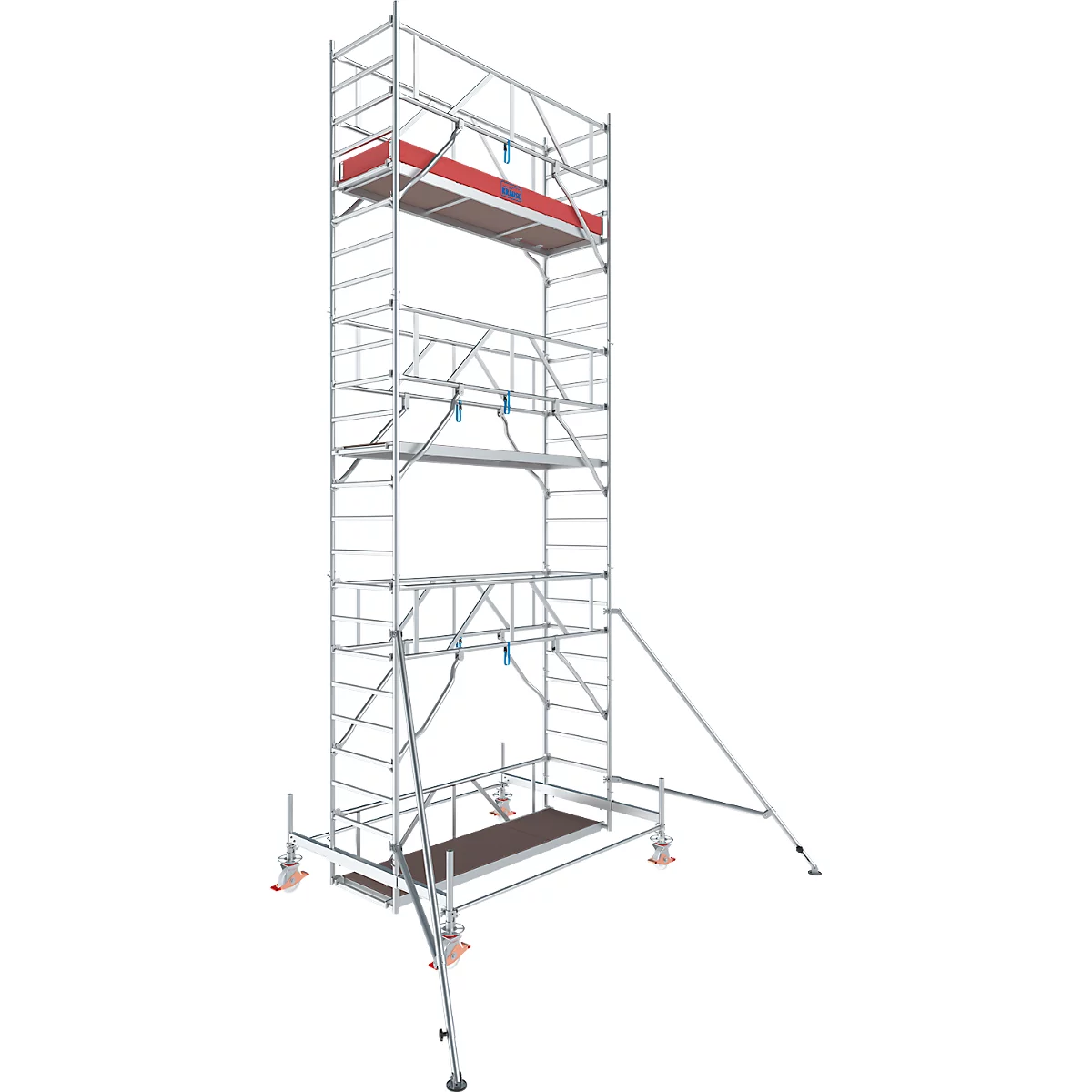 Tall, silver scaffolding with multiple levels and platforms. A red element is visible. The scaffolding stands on wheels.