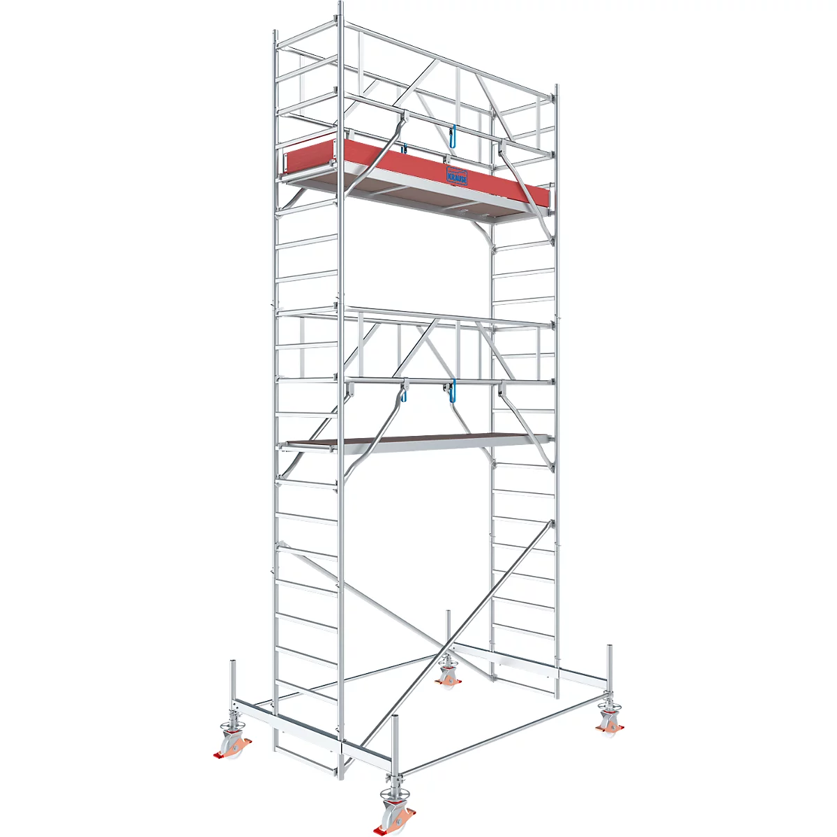 A silver scaffolding with two platforms and red railings, on castors. It stands against a white background.
