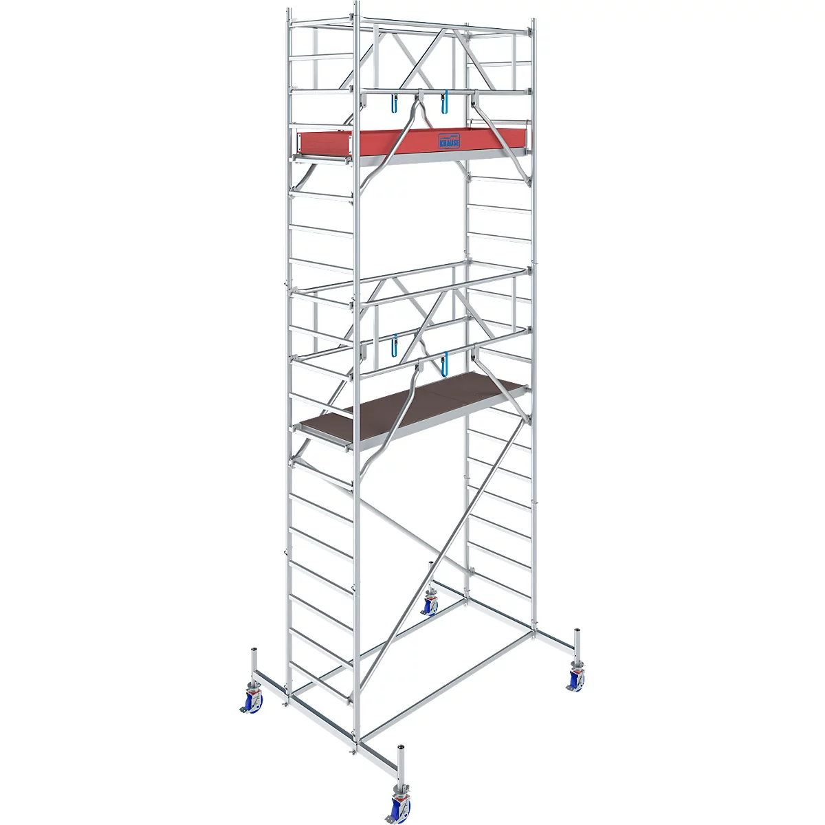 A metal scaffold with two platforms, wheels, and a red box on the upper platform.