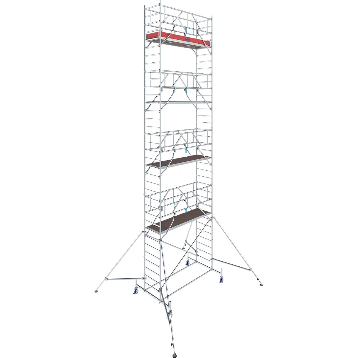 Tall metal scaffolding, with several work platforms, standing on rollers.